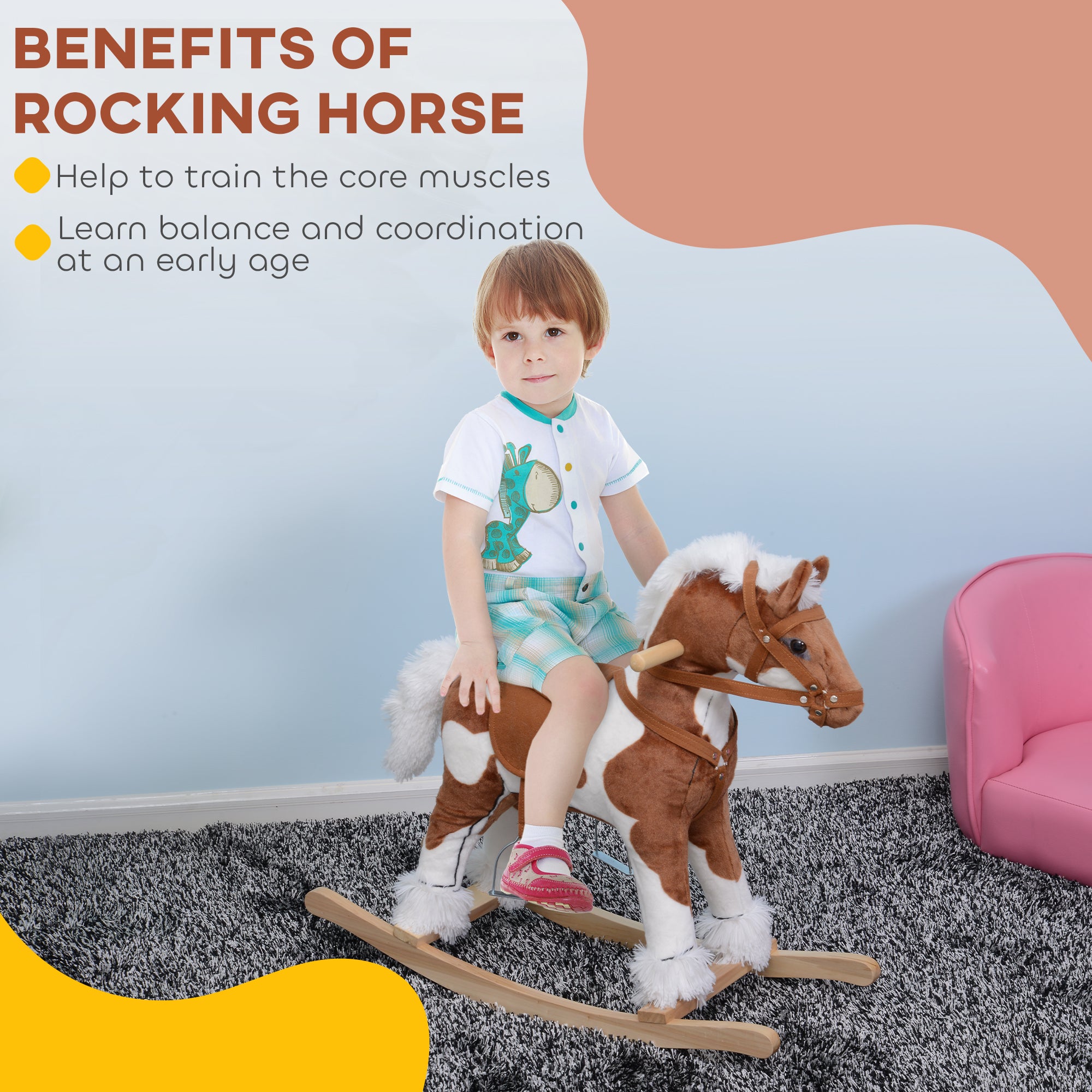 Toddler Rocking Horse, Kids Plush Rocking Chair Toy With Nursery Rhyme Music Brown