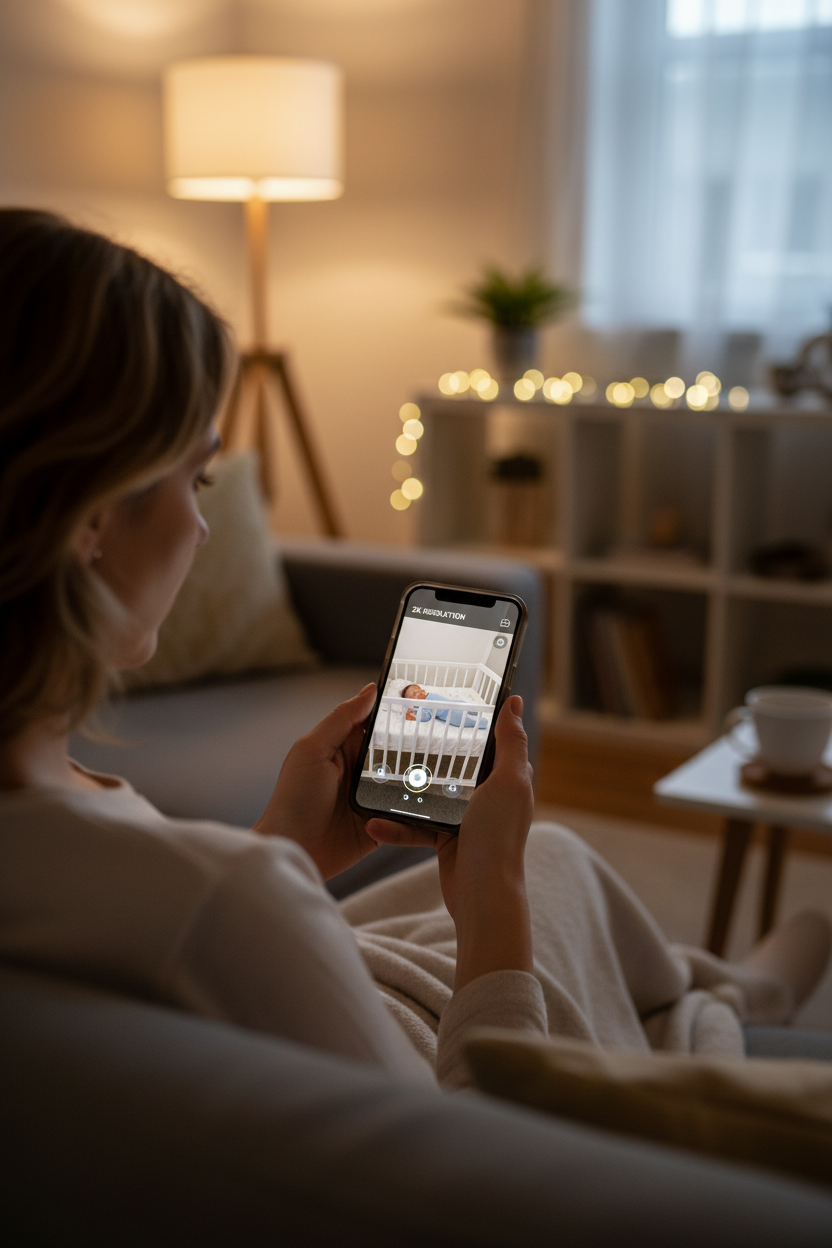 Parent viewing camera feed on smartphone